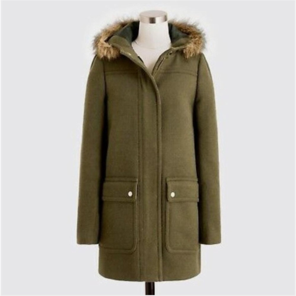J. CREW Factory Chateau
Vail Parka Coat Olive Green
Wool Faux Fur